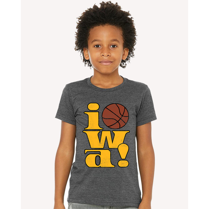 Iowa 90s Basketball Logo Youth T-Shirt - Deep Heather
