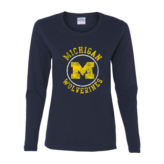 Michigan Distressed Circle Logo Womens Long Sleeve - Navy