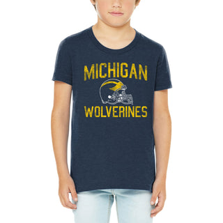 Michigan Faded Football Helmet CVC Jersey Youth T-Shirt - Heather Midnight Navy