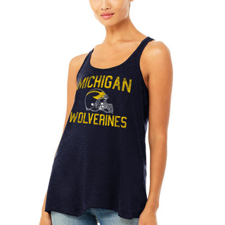 Michigan Faded Football Helmet Women's Flowy Racerback Tank - Midnight