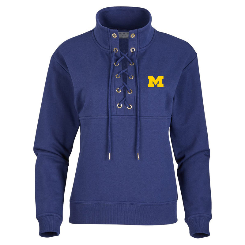 Michigan Block M EMB Women's Lace Up Pullover - Navy