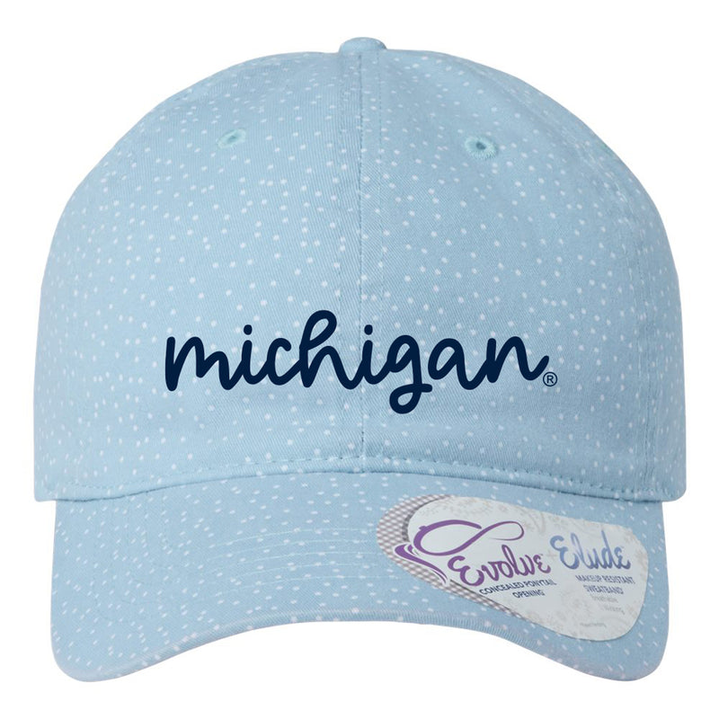 Michigan Pretty Script EMB Women's Fashion Print Cap - Light Blue/White Polka Dots