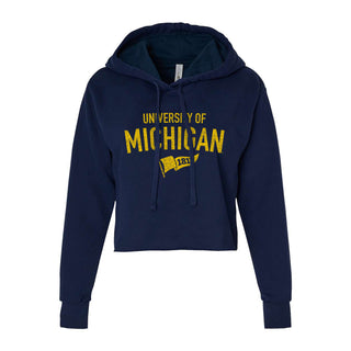 Michigan Distressed Year Banner Womens Sueded Crop Hoodie - Midnight Navy