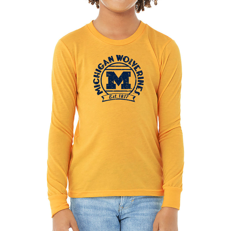 Michigan Deco Stamp Youth Jersey Long Sleeve Tee - Heather Yellow Gold