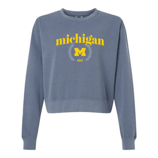 Michigan Graceful Laurel Womens Garment-Dyed Mid-Length Crewneck - Blue Jean