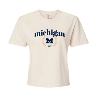 Michigan Graceful Laurel Womens Garment-Dyed Boxy T-Shirt - Ivory