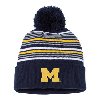 Michigan Block M EMB Striped Pom-Pom Cuffed Beanie - Navy/White/Grey/Gold