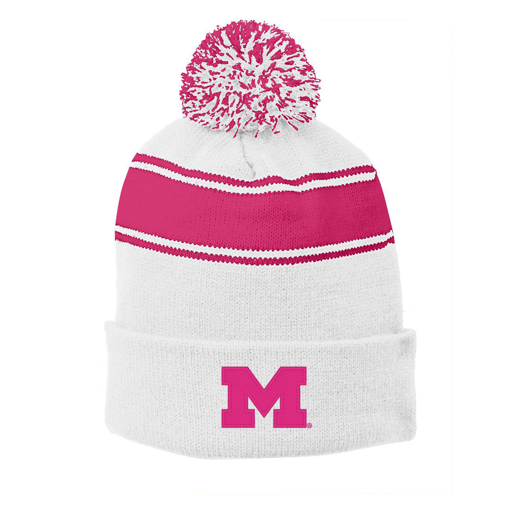 UGP Michigan Primary Logo Stripe Pom Pom Beanie - White/Pink Raspberry ...
