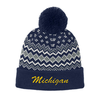 Michigan Script Wordmark Alpine Pom Beanie - True Navy/Gusty Grey/Marshmallow