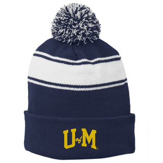 Michigan Initial Wordmark Stripe Pom Pom Beanie - True Navy/White