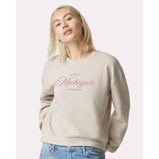 Michigan Elegant EMB Women's ReFlex Fleece Crewneck - Bone