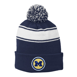 Michigan Circle Logo Patch Pom Pom Beanie - Navy/White