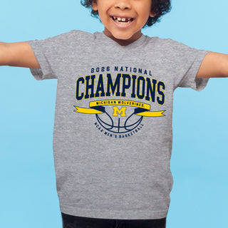 Michigan 2026 Basketball National Champions Ribbon Wings Youth T-Shirt - Sport Grey
