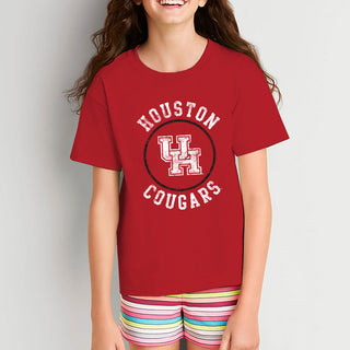 University of Houston Cougars Distressed Circle Logo Heavy Cotton Short Sleeve Youth T Shirt - Red