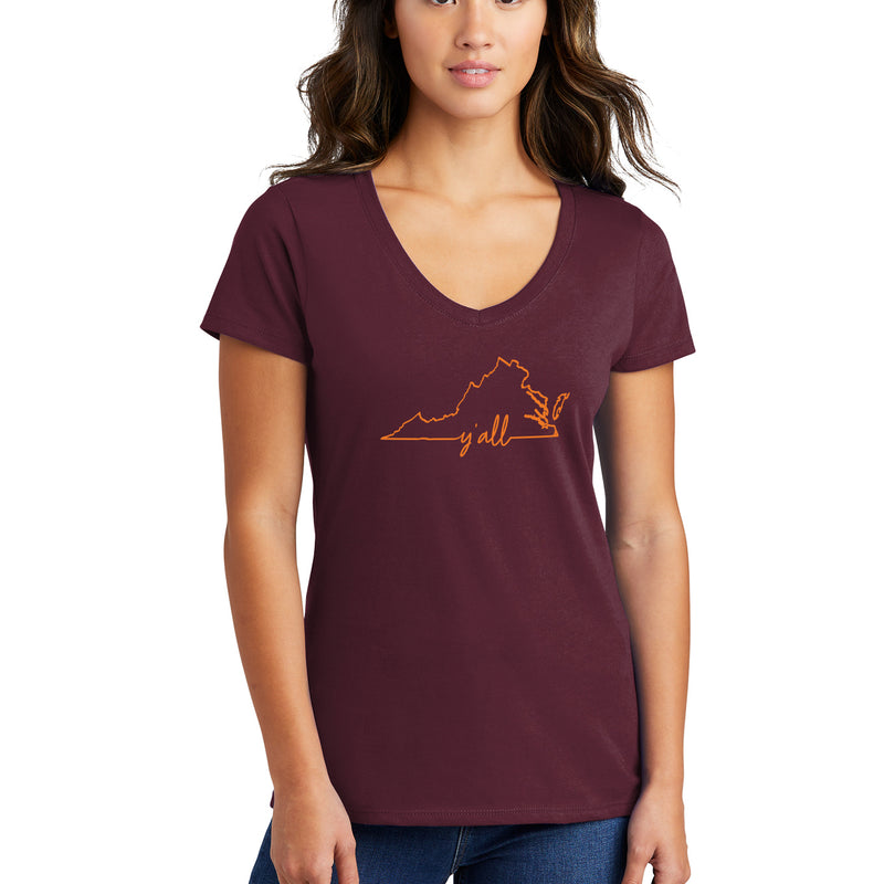 Virginia Y'All Outline Womens Fan Favorite V-Neck T-Shirt - Athletic Maroon