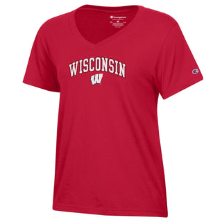 Wisconsin Arch Logo Champion Women's V-Neck T-Shirt - Scarlet