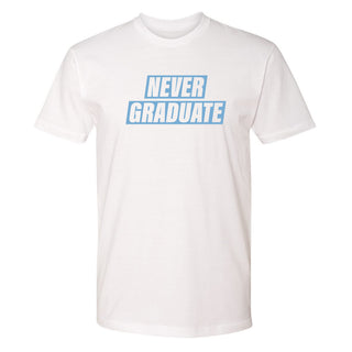 Never Graduate NLA T-Shirt - White w/ Blue Print