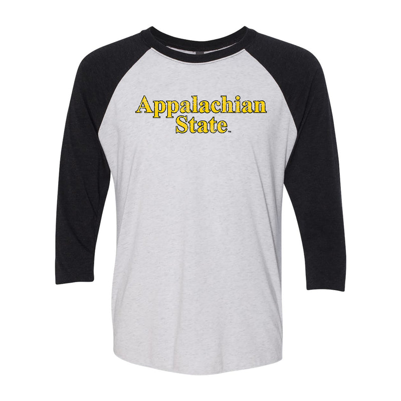 Appalachian State Distressed Wordmark NLA Raglan 3/4 Sleeve T Shirt - Heather White/Vintage Black