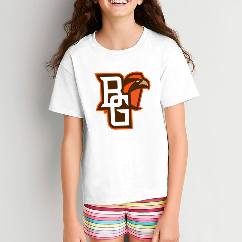 Bowling Green State University Falcons Primary Logo Youth Cotton Short Sleeve T Shirt - White