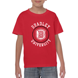 Bradley University Braves Distressed Circle Logo Basic Cotton Short Sleeve Youth T Shirt - Red