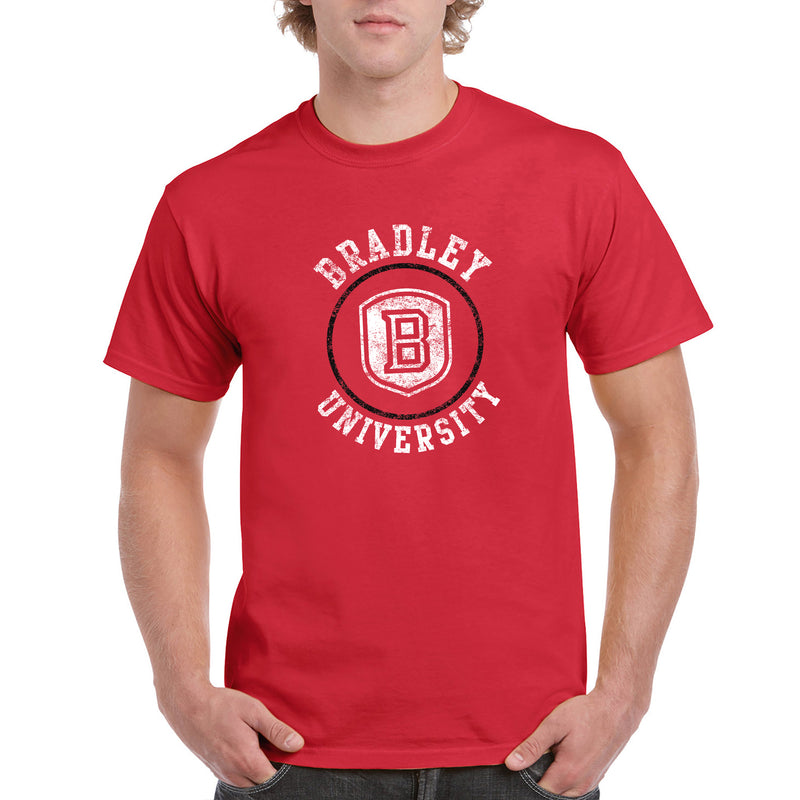 Bradley University Braves Distressed Circle Logo Basic Cotton Short Sleeve T Shirt - Red