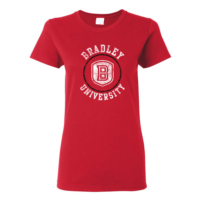 Bradley University Braves Distressed Circle Logo Basic Cotton Short Sleeve Womens T Shirt - Red