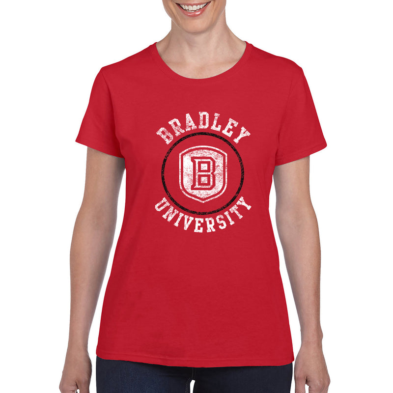 Bradley University Braves Distressed Circle Logo Basic Cotton Short Sleeve Womens T Shirt - Red