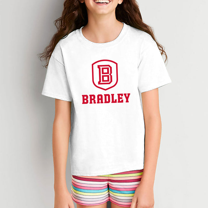 Bradley University Braves Primary Logo Basic Cotton Short Sleeve Youth T Shirt - White