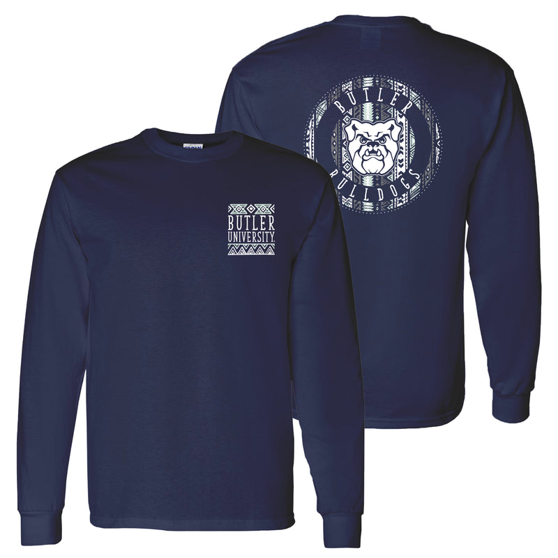 Butler University Bulldogs Aztec Pattern Emblem Long Sleeve T Shirt - Navy