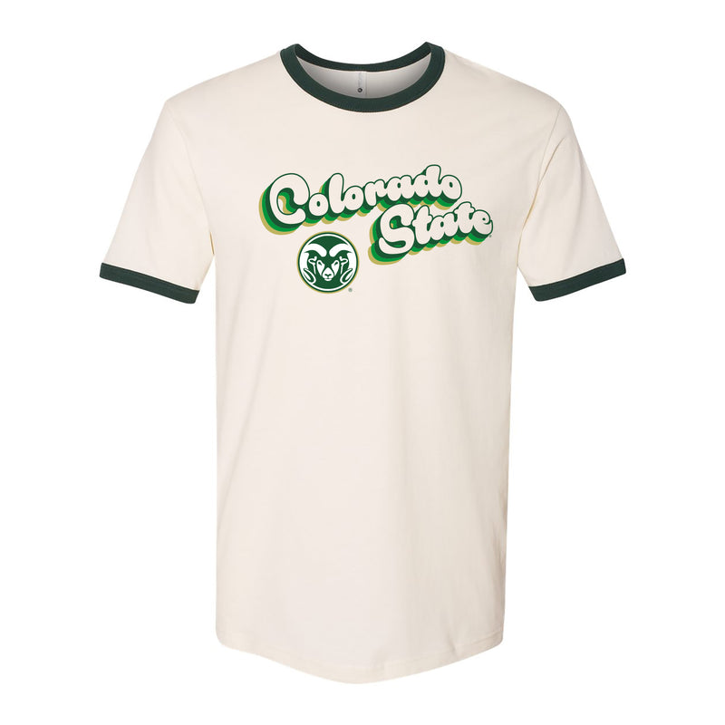 Colorado State University Rams Groovy Script Logo Ringer T Shirt - Natural/Forest