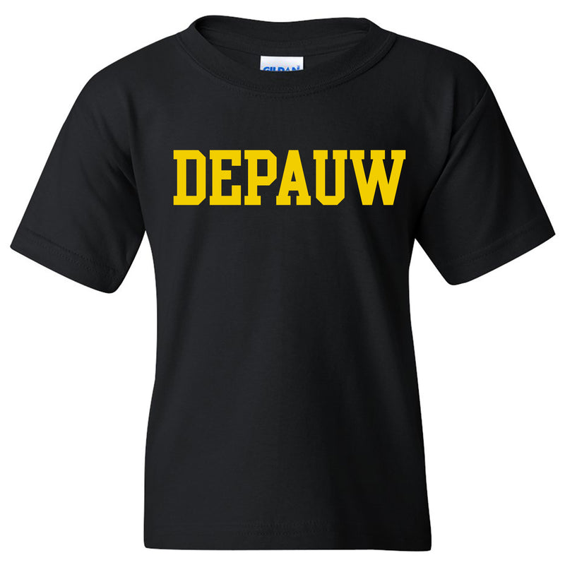 DePauw University Tigers Basic Block Youth Short Sleeve T Shirt - Black