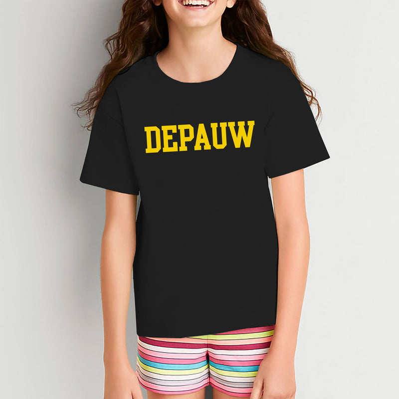 DePauw University Tigers Basic Block Youth Short Sleeve T Shirt - Black