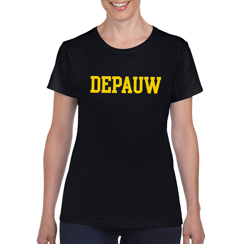 DePauw University Tigers Basic Block Womens Short Sleeve T Shirt - Black