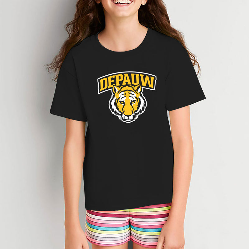 DePauw University Tigers Arch Logo Youth Short Sleeve T Shirt - Black