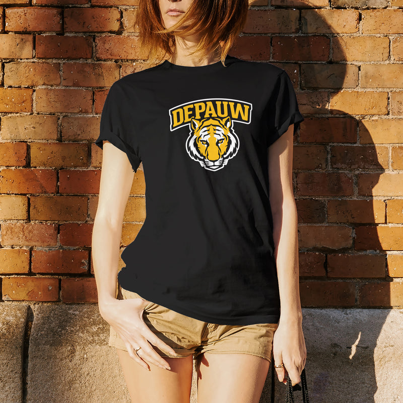 DePauw University Tigers Arch Logo Short Sleeve T Shirt - Black