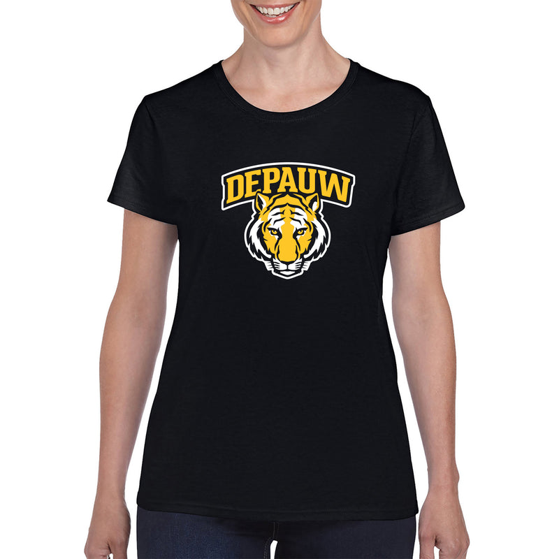 DePauw University Tigers Arch Logo Womens Short Sleeve T Shirt - Black