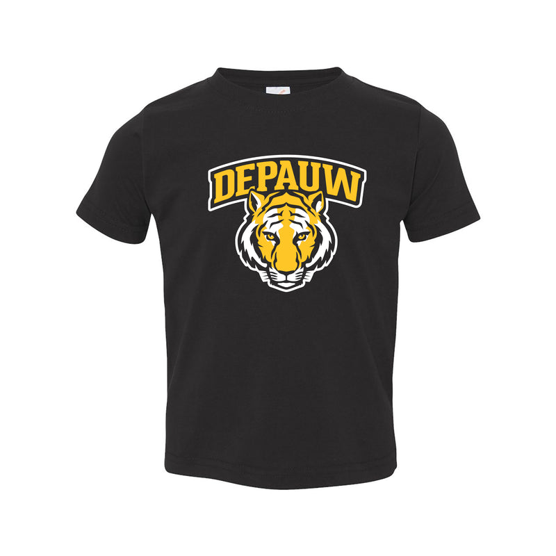 DePauw University Tigers Arch Logo Toddler Short Sleeve T Shirt - Black
