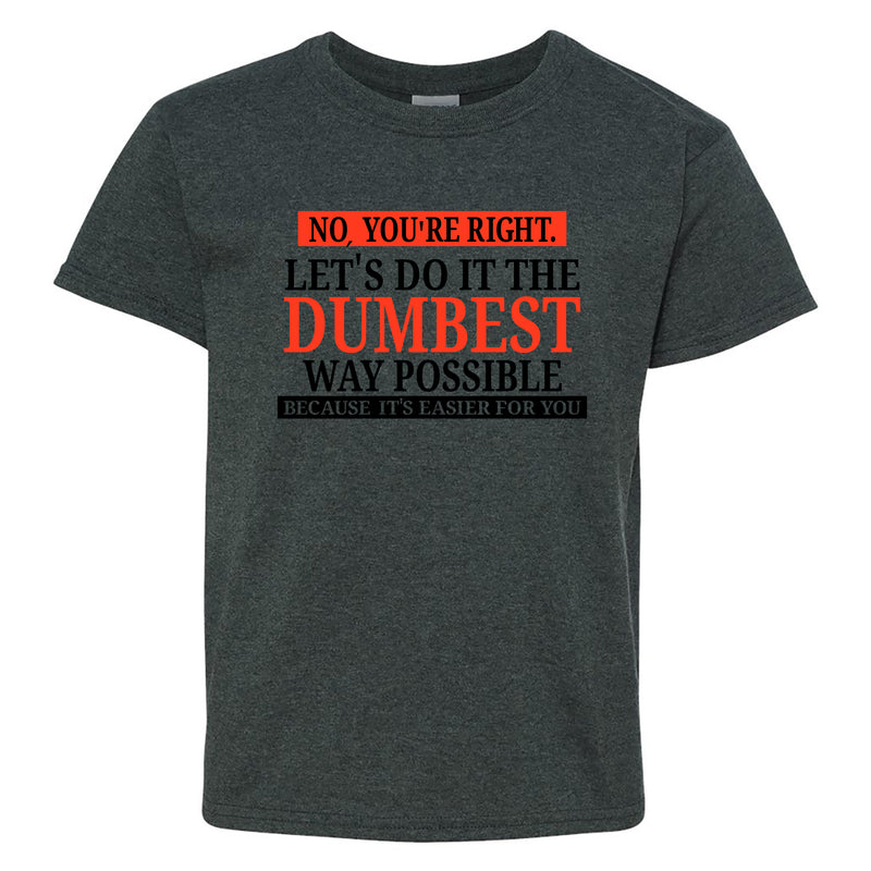 No, You're Right Let's Do It the Dumbest Way Possible - Funny, Sarcastic Graphic T Shirt - YOUTH - Dark Heather