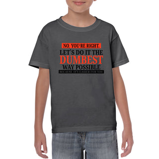 No, You're Right Let's Do It the Dumbest Way Possible - Funny, Sarcastic Graphic T Shirt - YOUTH - Dark Heather