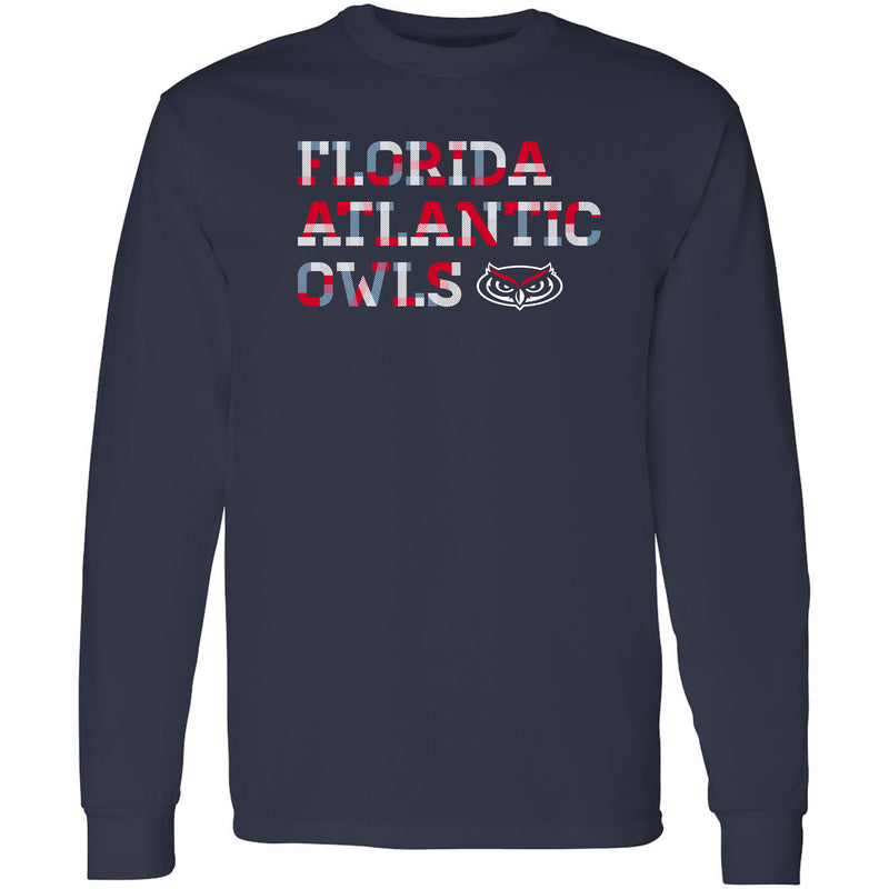 Florida Atlantic University Owls Patchwork Cotton Long Sleeve T Shirt - Navy