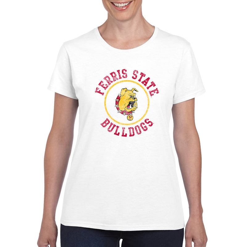 Ferris State Bulldogs Distressed Circle Logo Womens T Shirt -  White