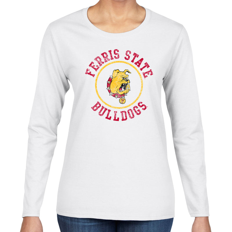 Ferris State Bulldogs Distressed Circle Logo Womens Long Sleeve T Shirt - White