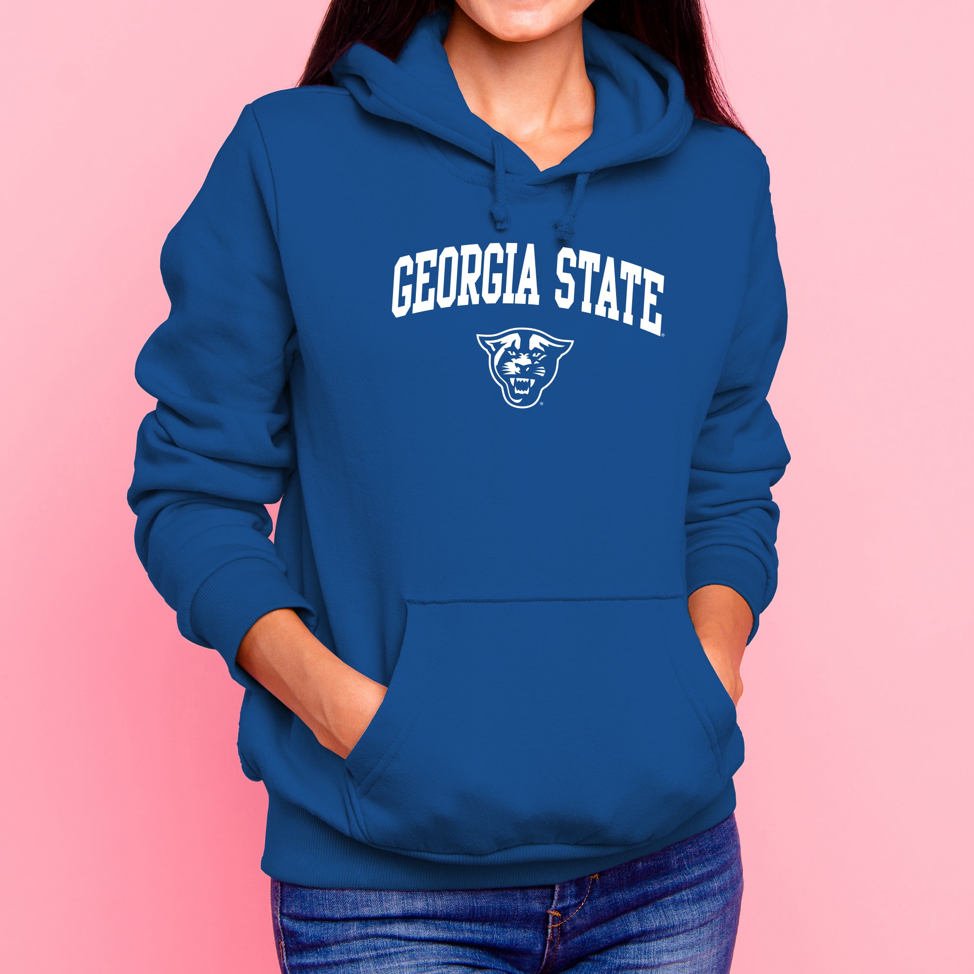 georgia state university gear Georgia State University Panthers Arch Logo Heavy Blend Hoodie in Blue | Size: Small