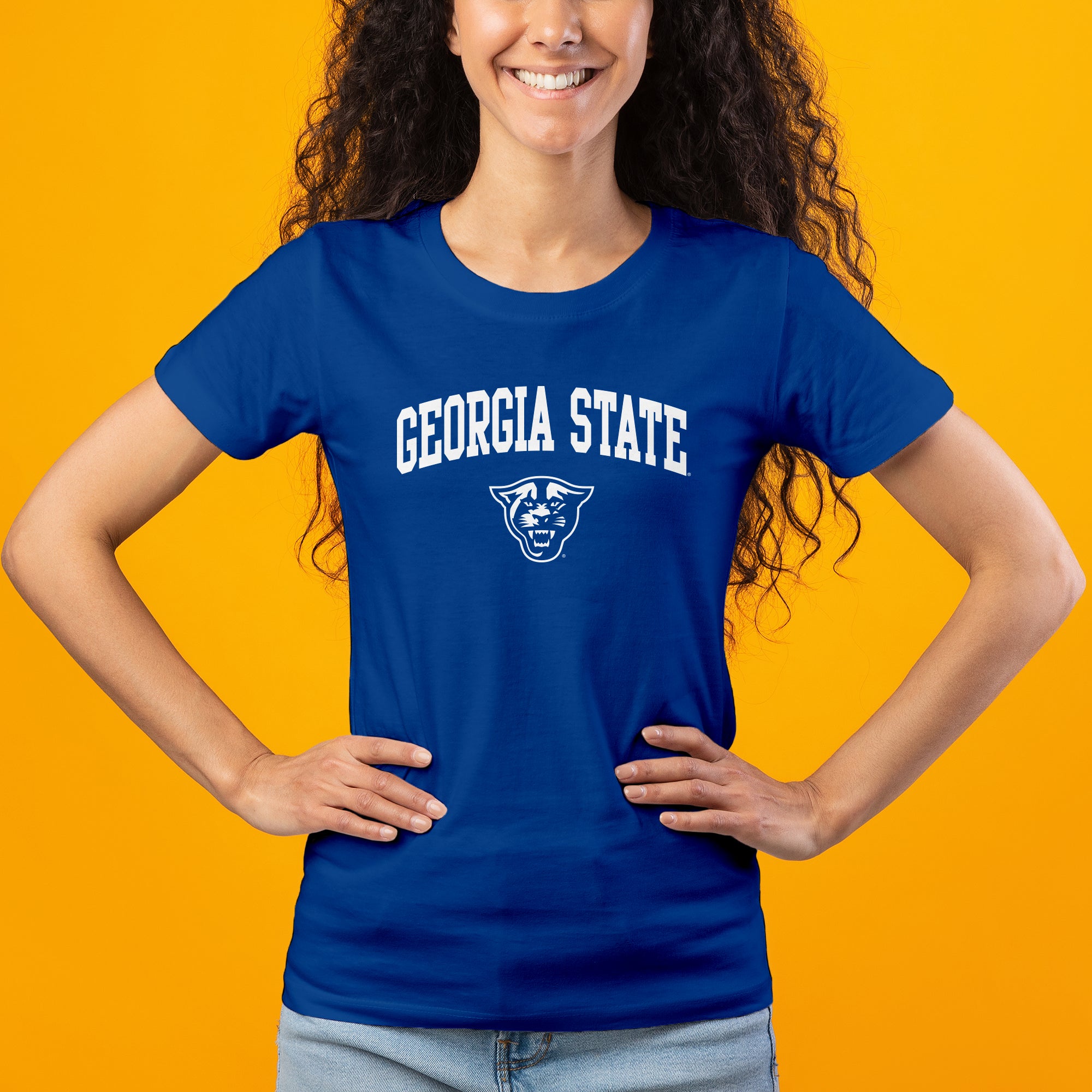 georgia state university gear Georgia State University Panthers Arch Logo Women's Short Sleeve T-Shirt in Blue | Size: 3XL
