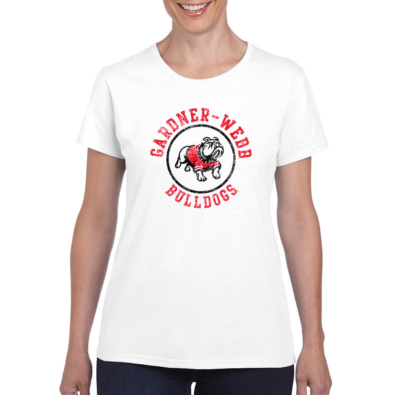 Gardner-Webb University Bulldogs Distressed Circle Logo Basic Cotton Short Sleeve Womens T Shirt - White