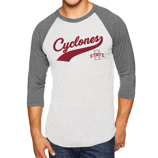 Iowa State University Cyclones Baseball Jersey Script Next Level Raglan - Heather White/Premium Heather