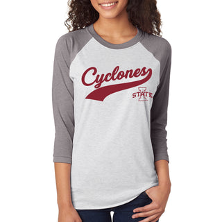 Iowa State University Cyclones Baseball Jersey Script Next Level Raglan - Heather White/Premium Heather