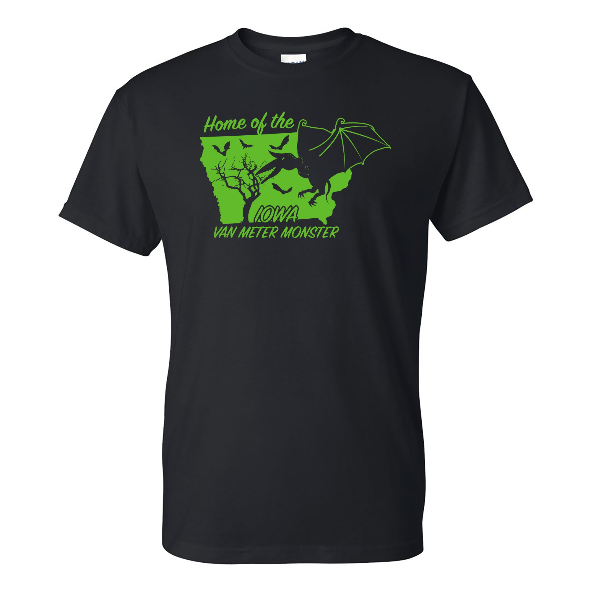 iowa monsters Iowa Van Meter Monster Cryptid Short Sleeve T-Shirt in Black | Size: 2XL