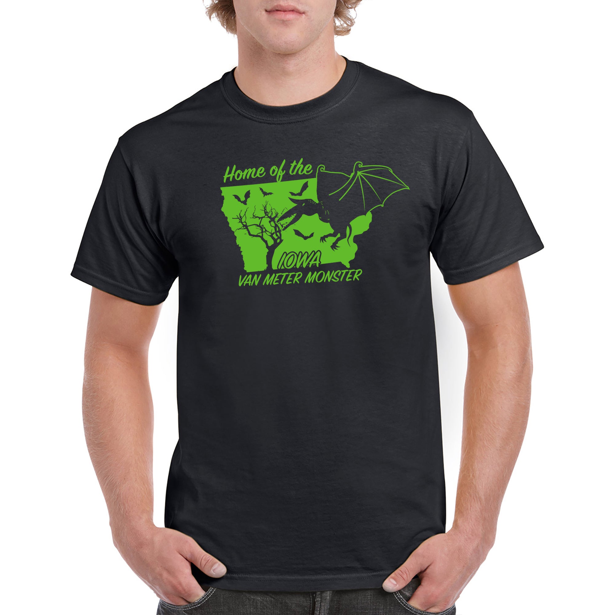iowa monsters Iowa Van Meter Monster Cryptid Short Sleeve T-Shirt in Black | Size: 2XL