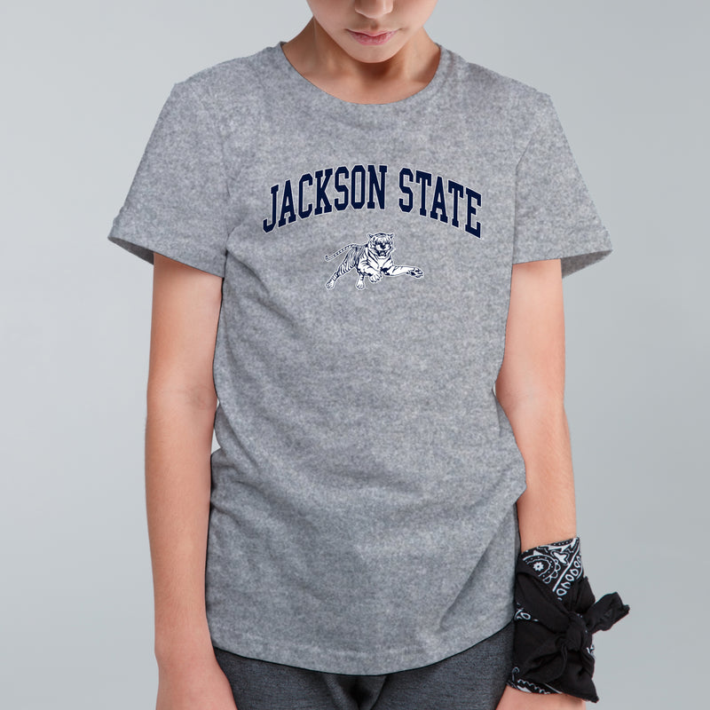 Jackson State Tigers Arch Logo Youth T Shirt - Sport Grey